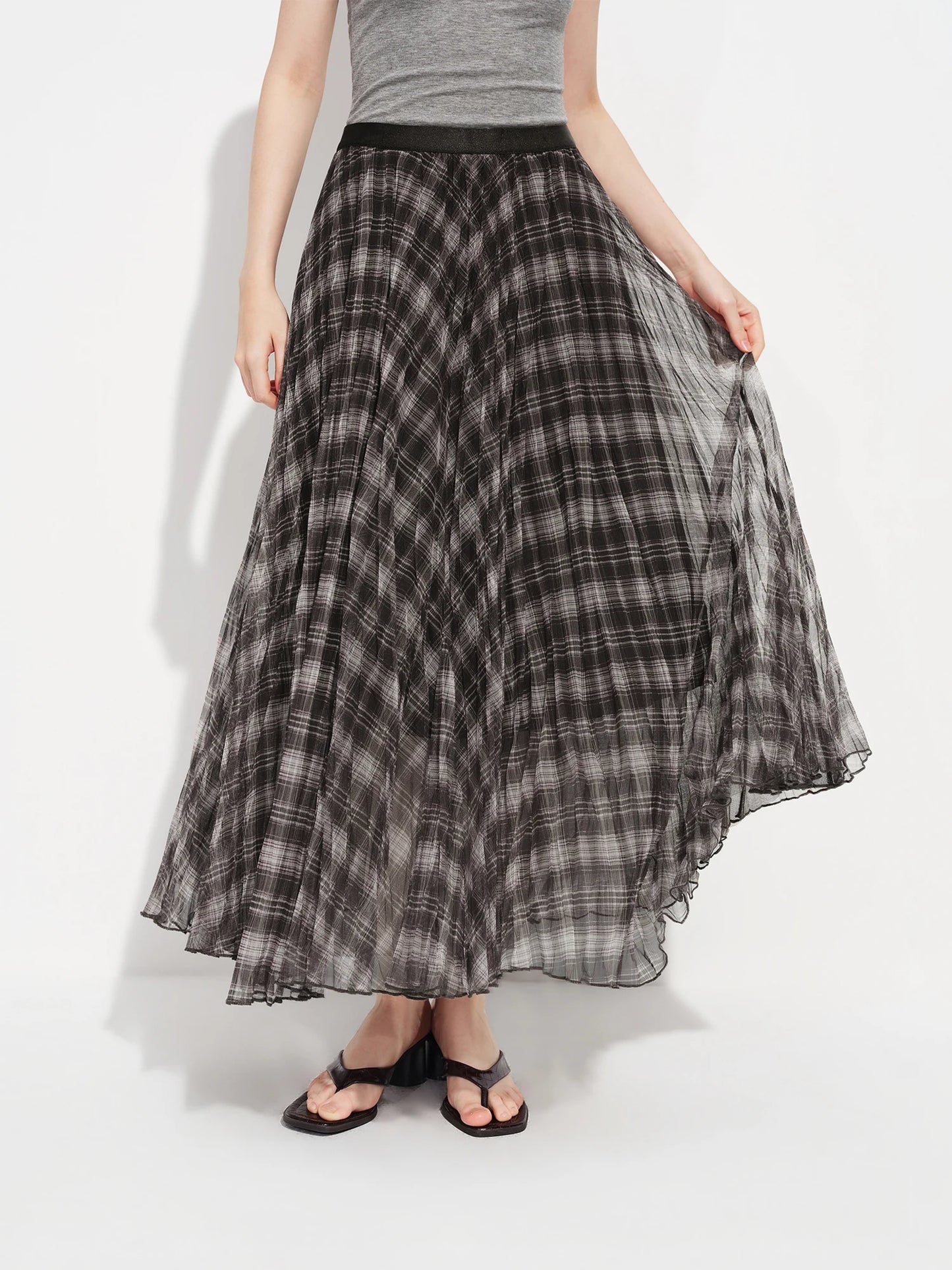 Black Plaid Mesh Maxi Skirt