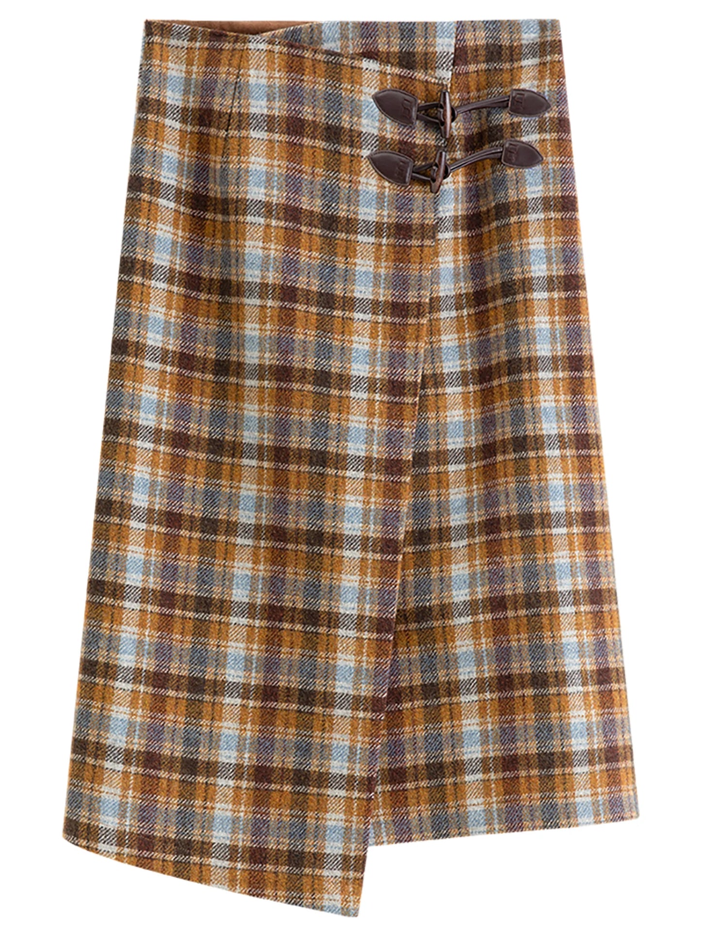 Brown Plaid Buckle Midi Skirt
