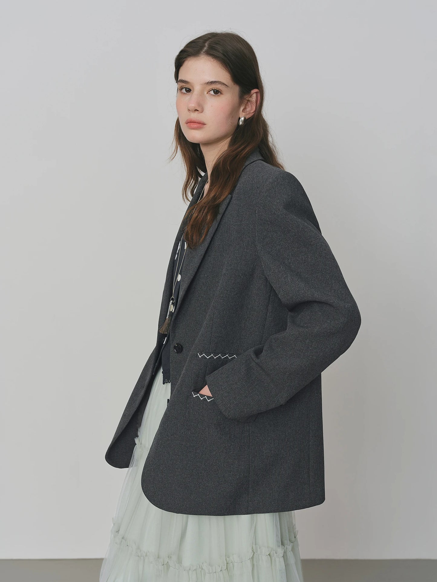 Charcoal Contrast Piping Relaxed Blazer