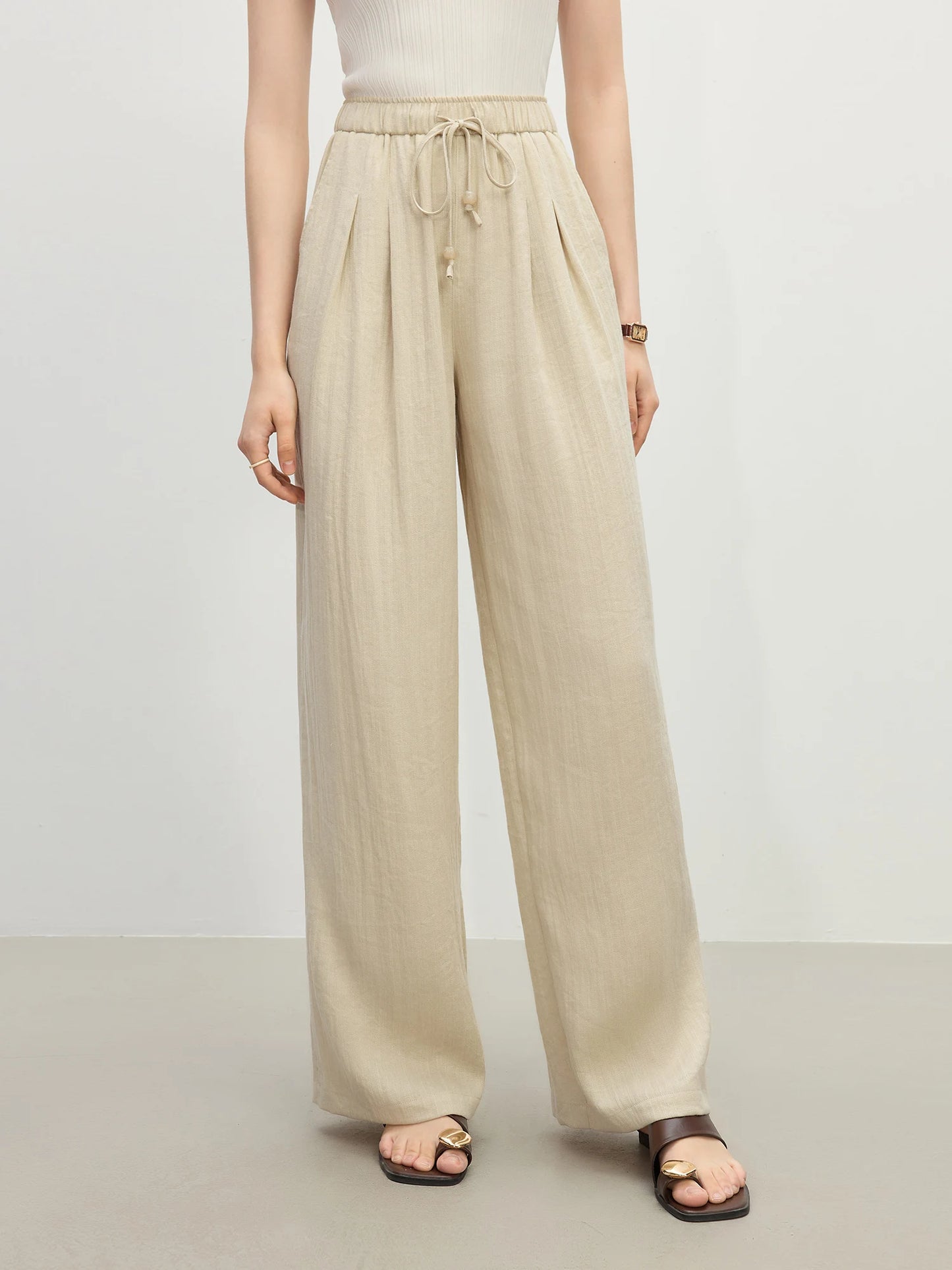 Brown Pleated Linen Wide Leg Pants