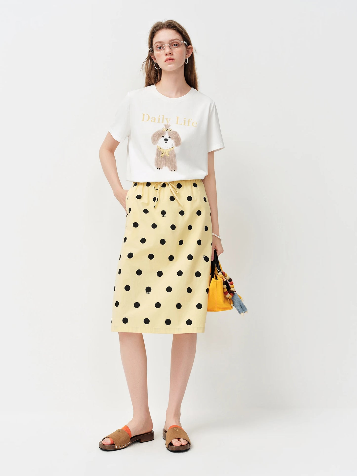 Yellow Polka Dot A-Line Midi Skirt