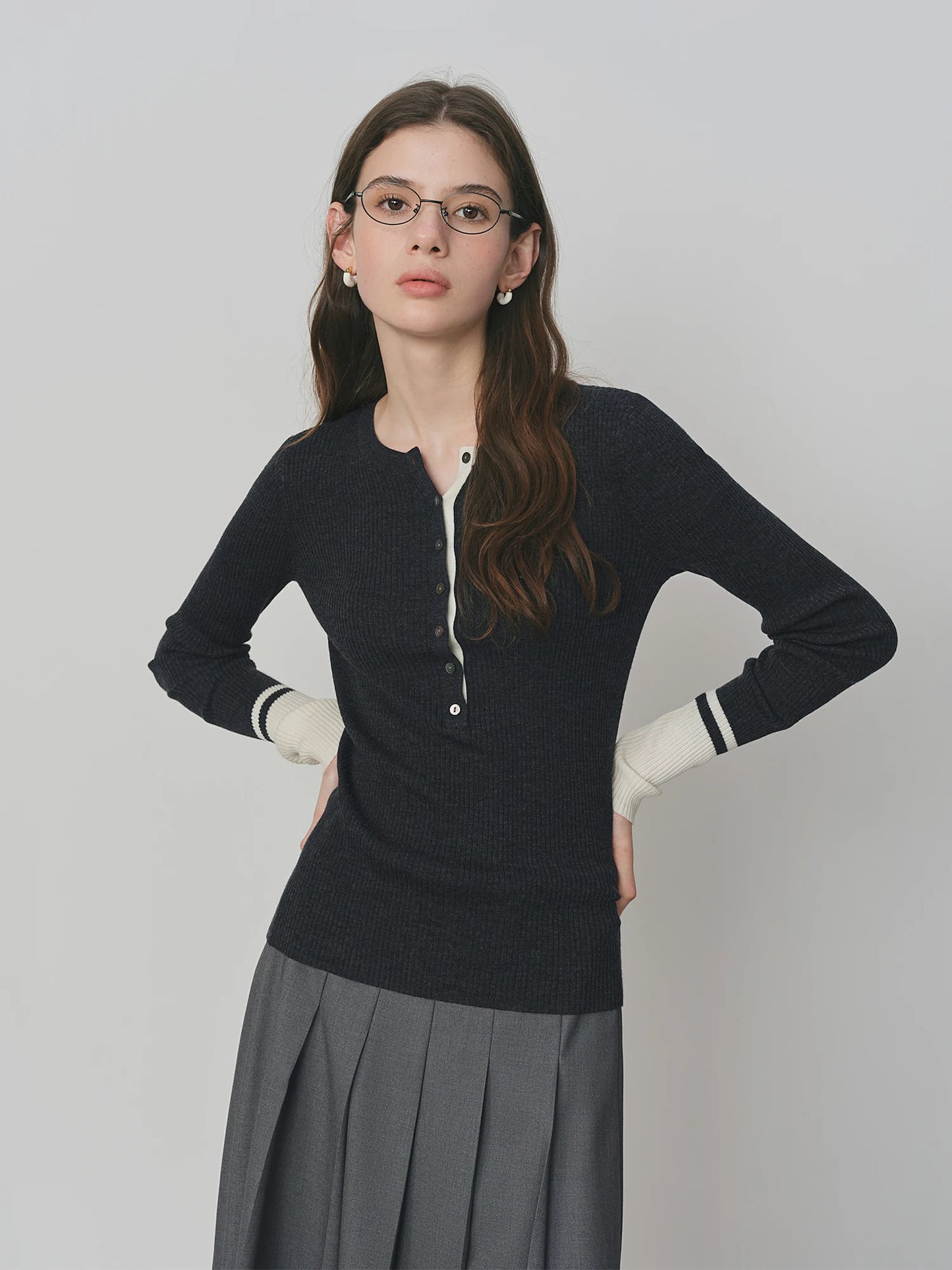 Black Contrast Cuff Henley Knit Top