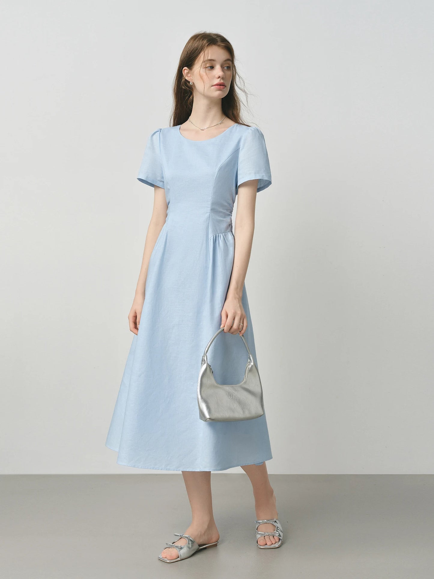 Pale Blue Pleated Waist Midi Dress