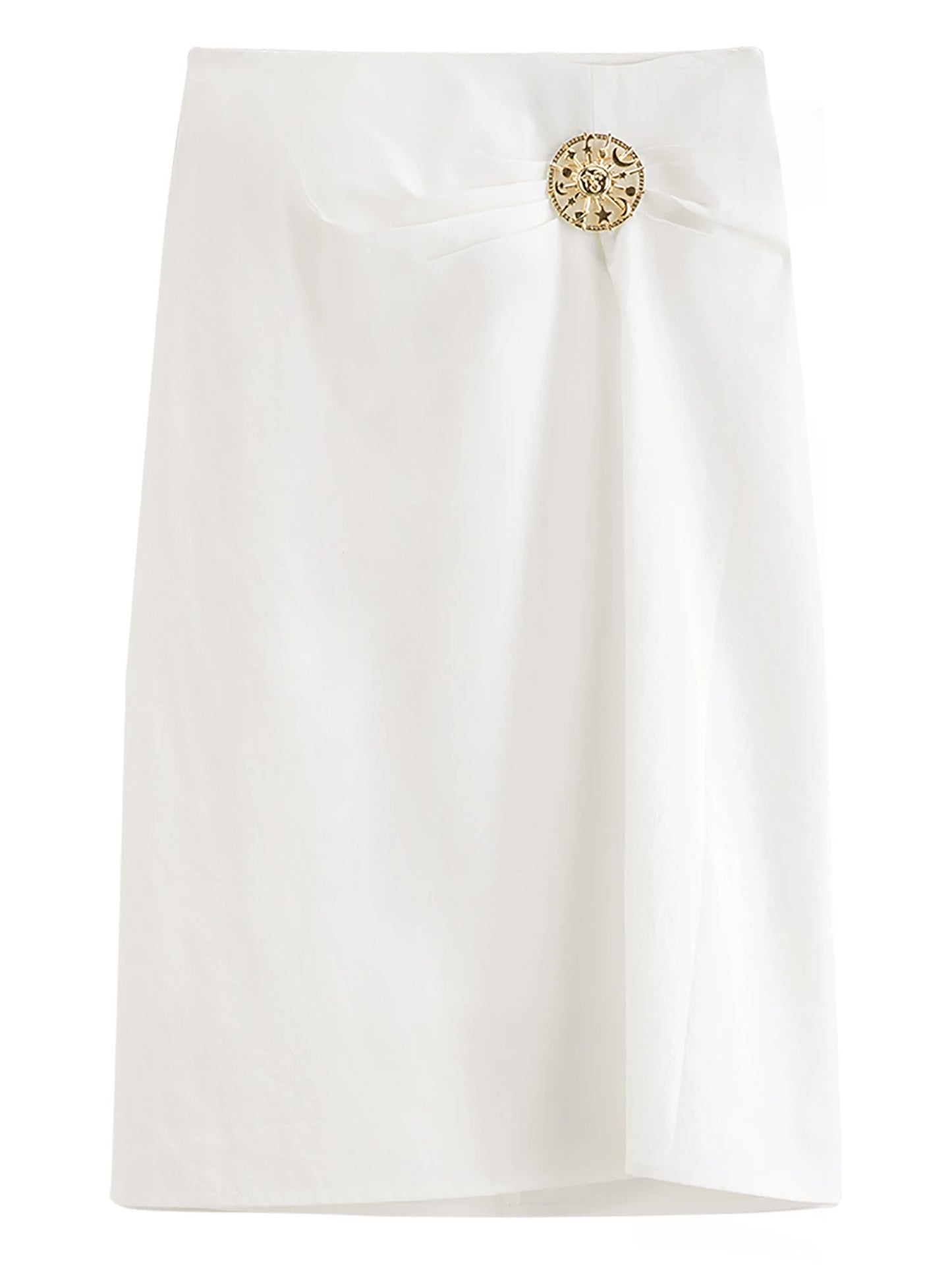 Ivory Brooch Straight Midi Skirt
