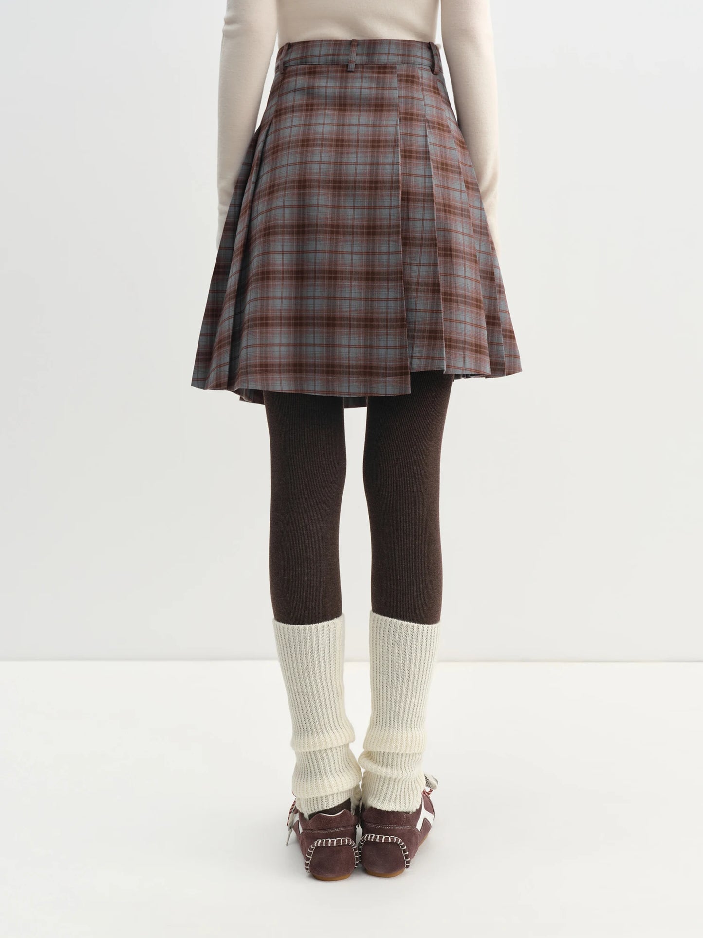 Brown Plaid Asymmetric Pleated Midi Skirt