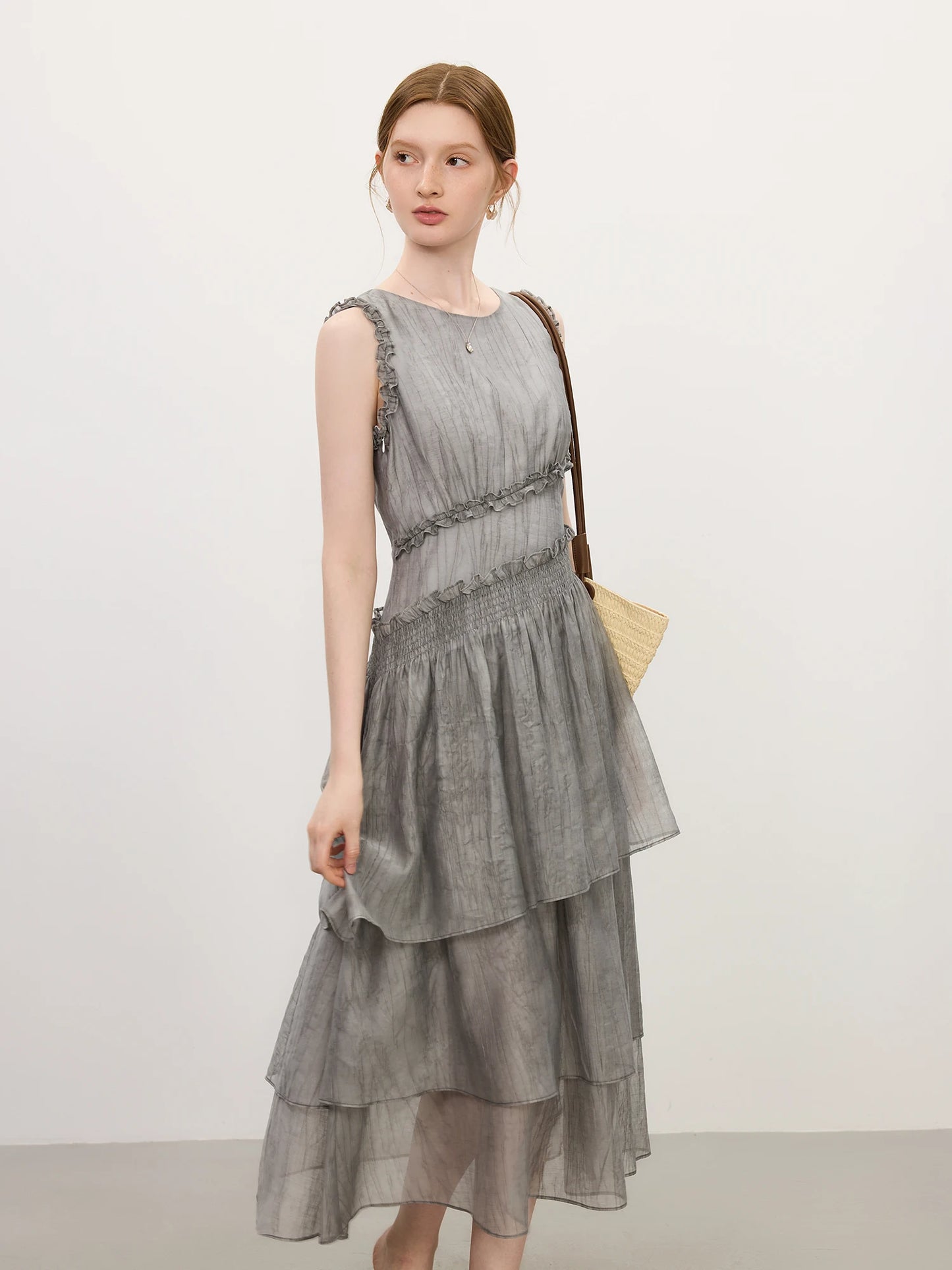 Grey Tiered Tulle Midi Dress