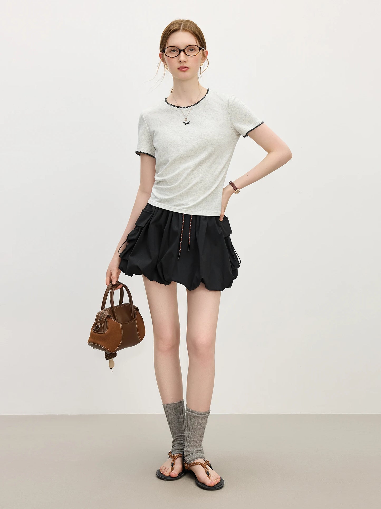 Grey Contrast Trim Fitted Knit Tee