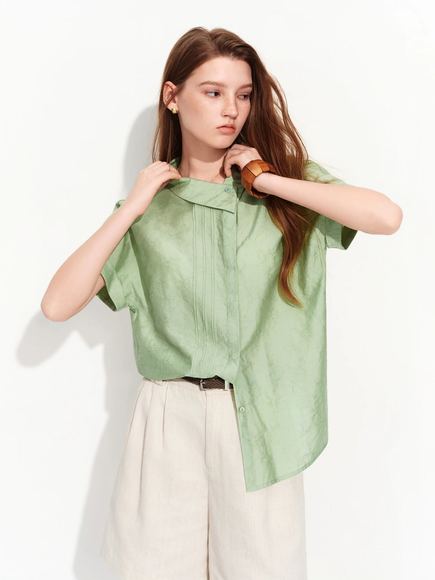 Sage Green Mandarin Collar Blouse