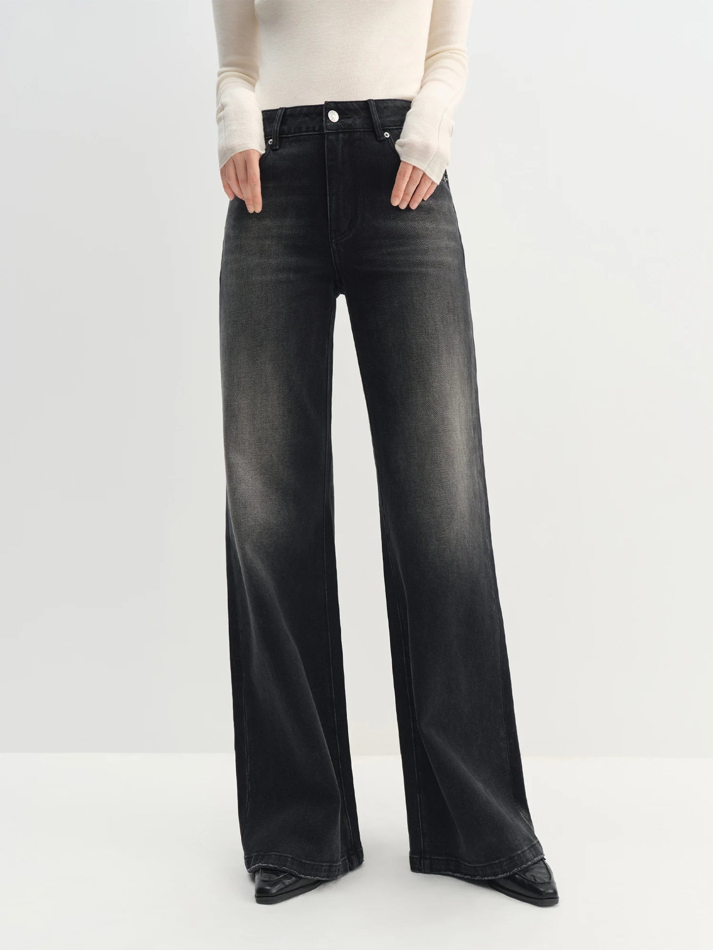 Black Wash Flared Wide Leg Jeans