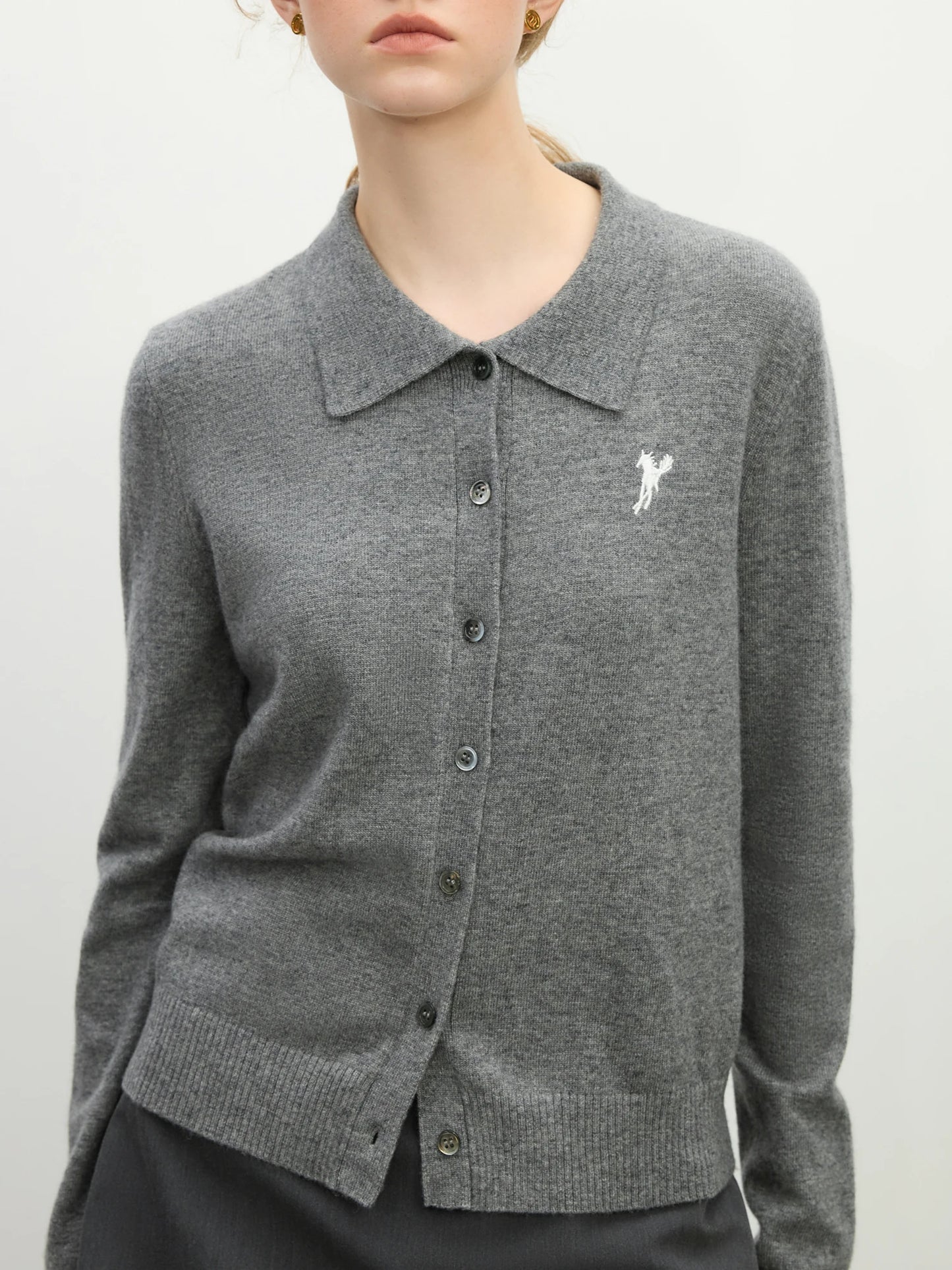 Grey Embroidered Polo Knit Cardigan