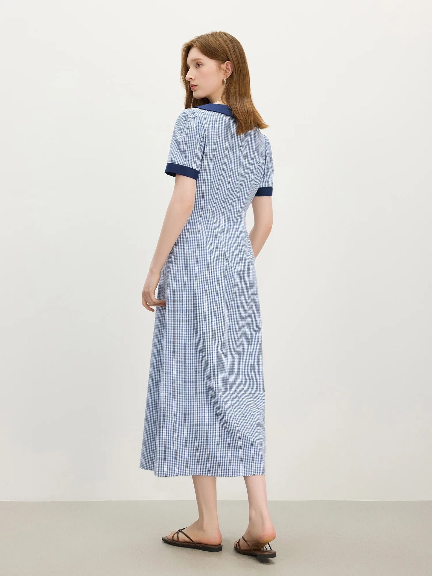 Blue Stripe Contrast Collar Midi Dress