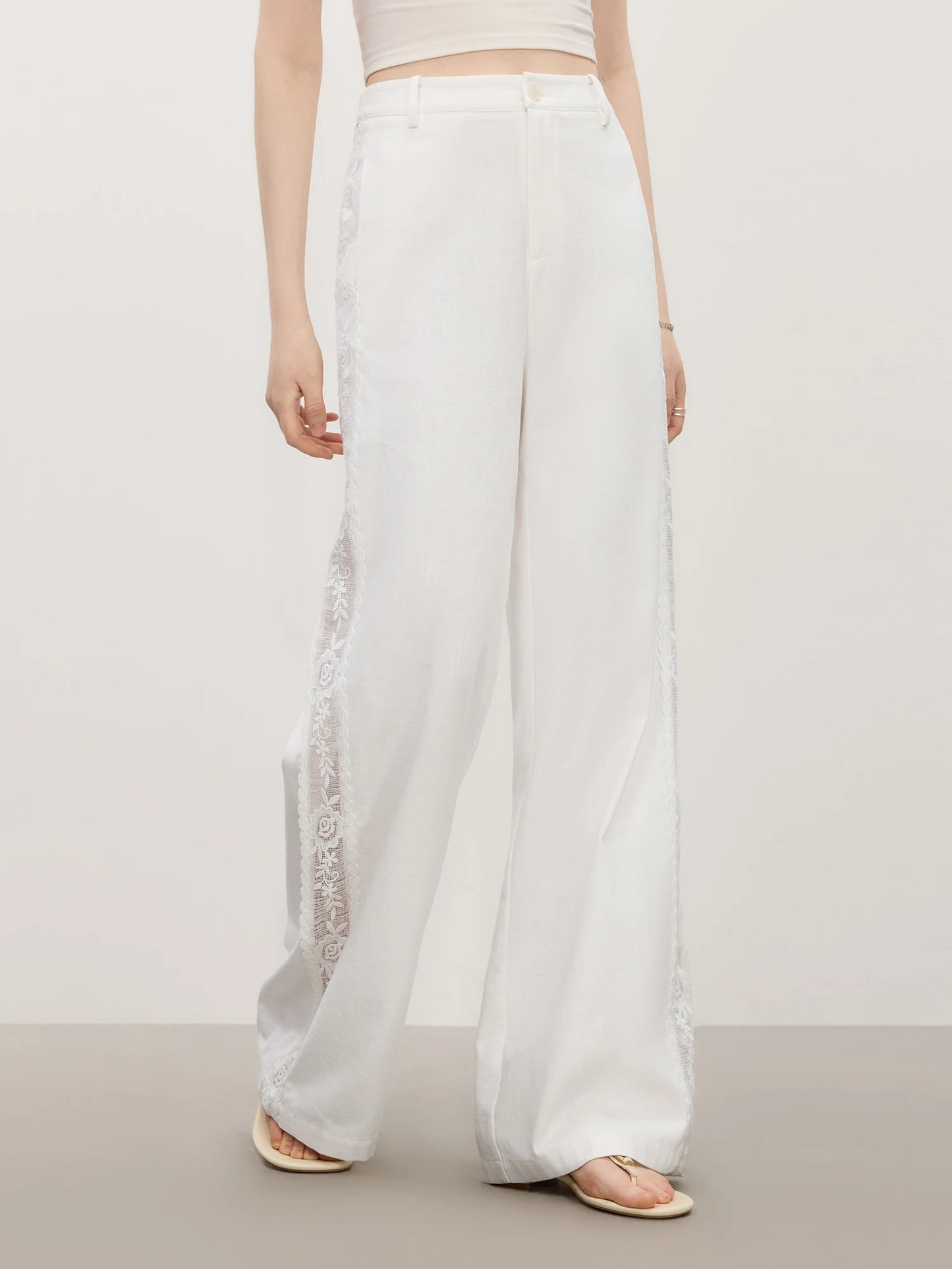 White Lace Trim Wide Leg Pants