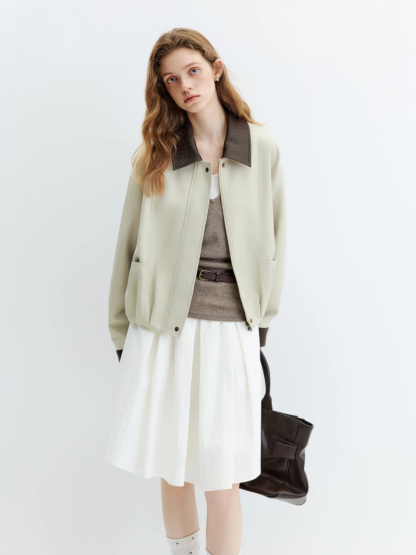 Brown Contrast Collar Bomber Jacket