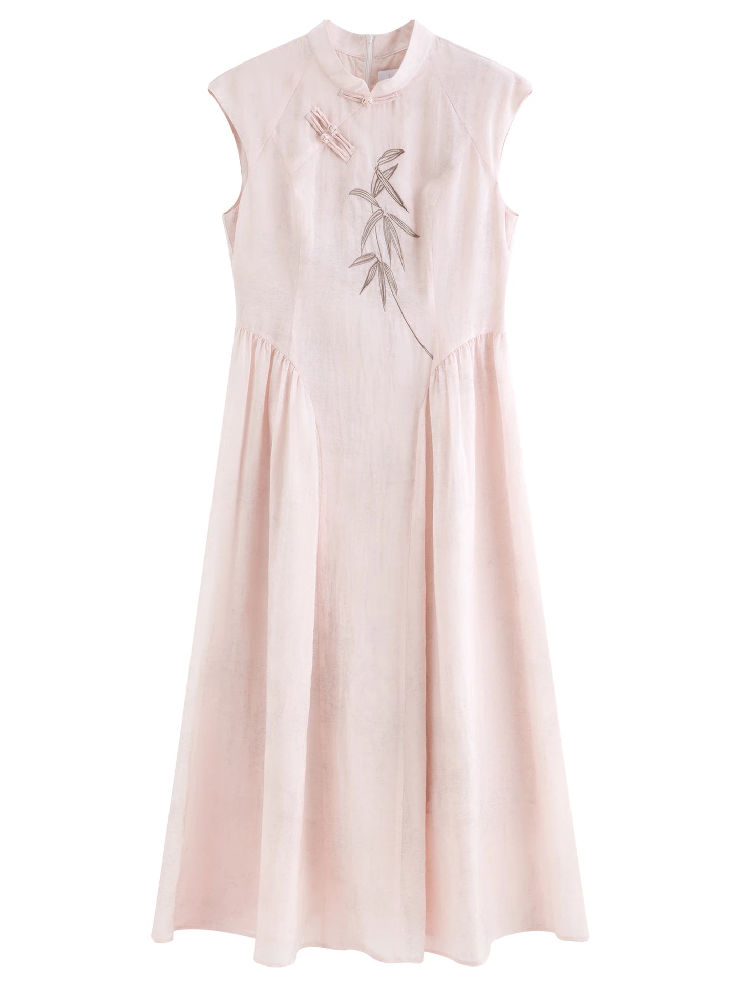 Pale Blue Embroidered Mandarin Collar Maxi Dress