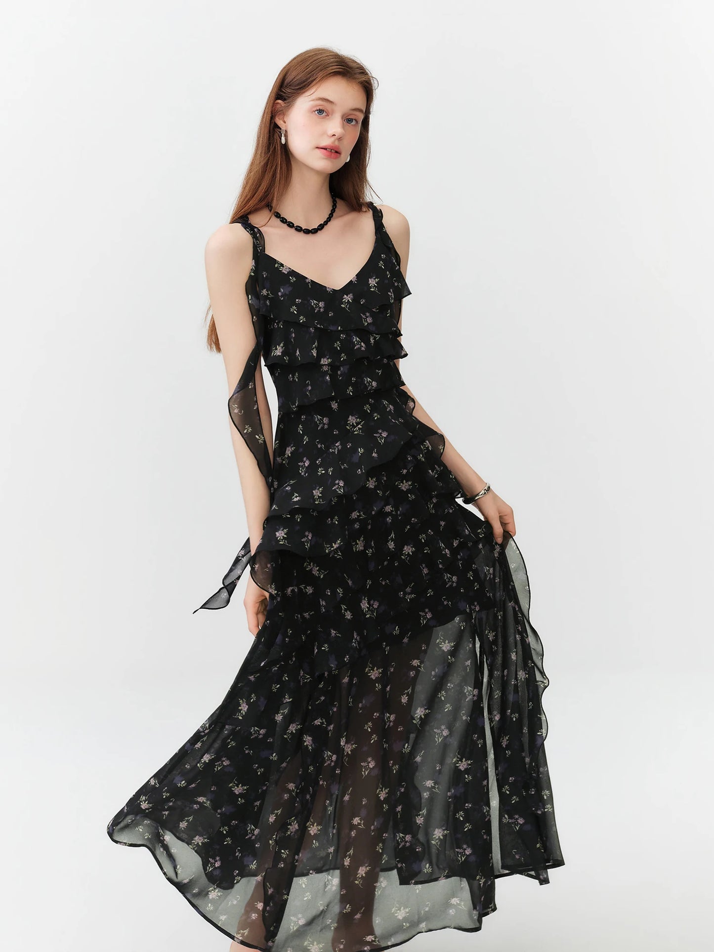 Black Floral Ruffle Tiered Maxi Dress