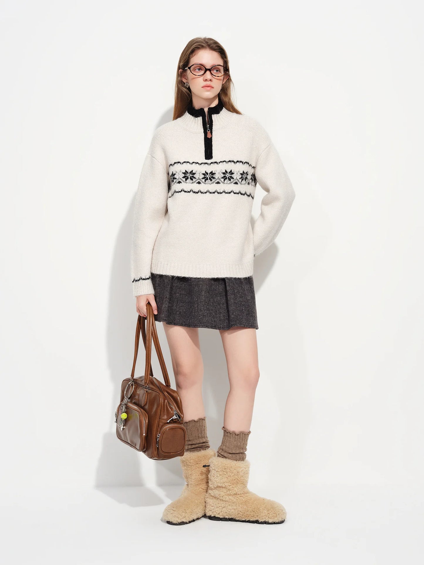 Ivory Fair Isle Half Zip Sweater