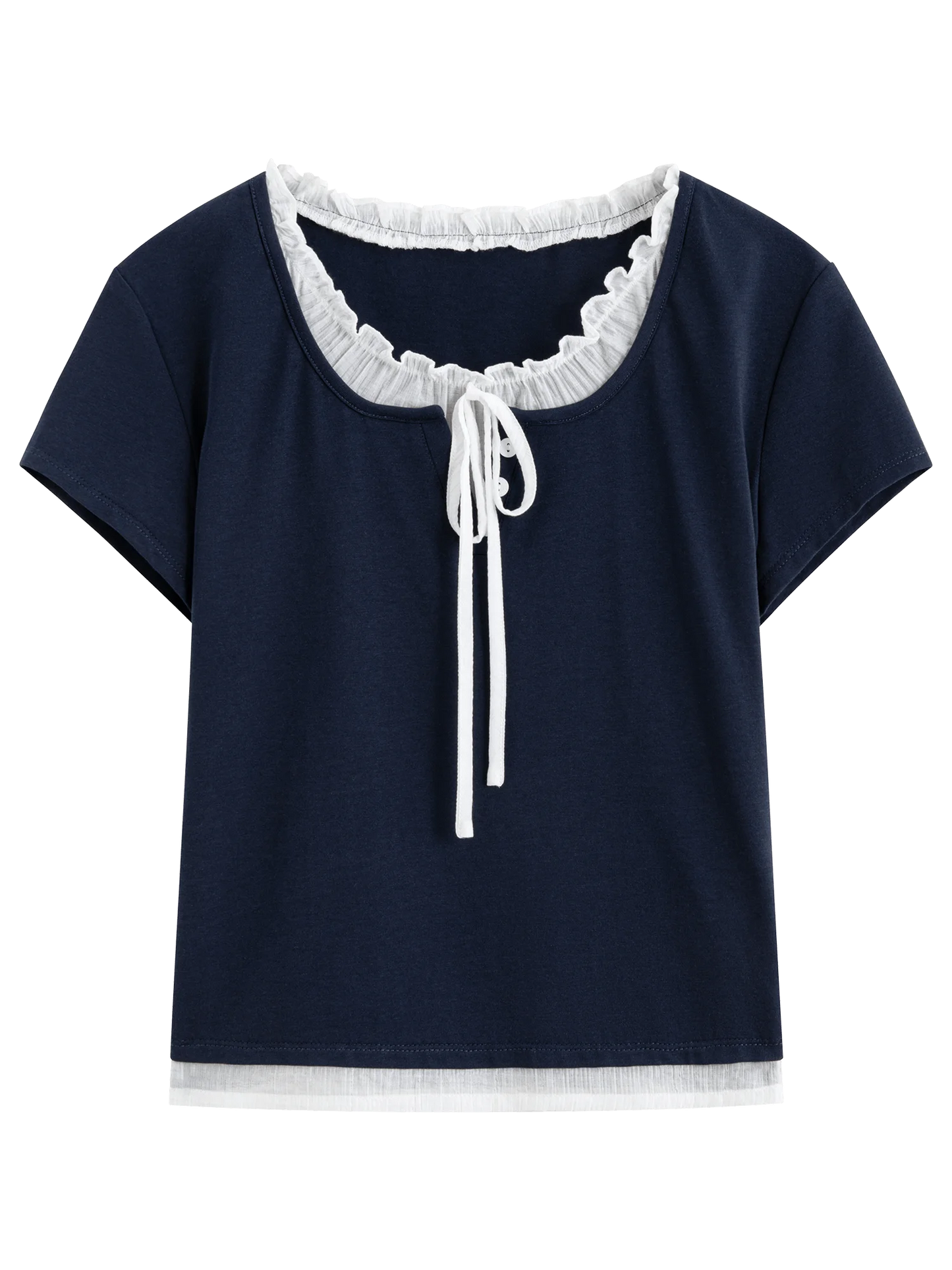 Navy Bow Trim Fitted Knit Tee