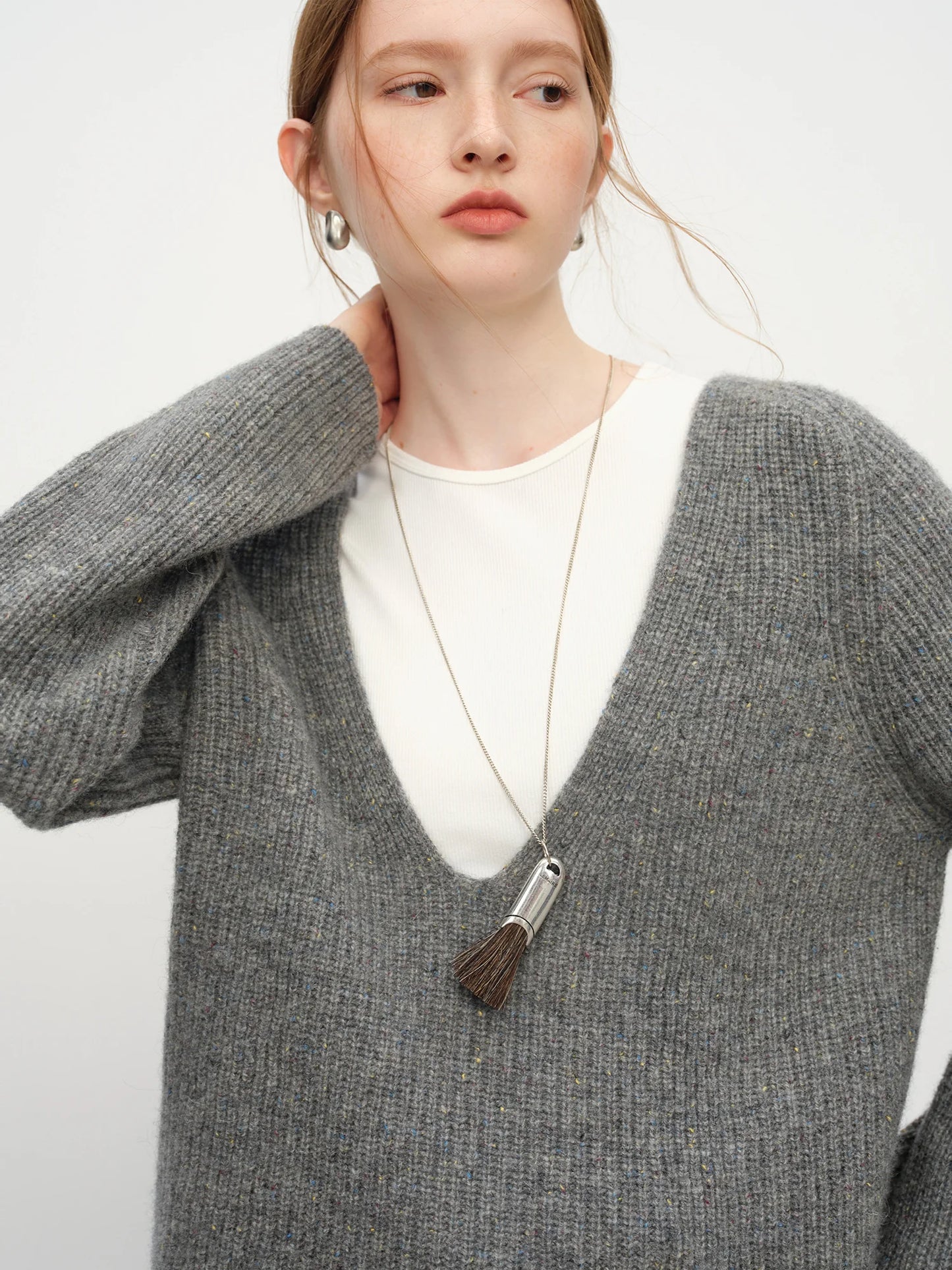 Grey Relaxed V Neck Wool Sweater