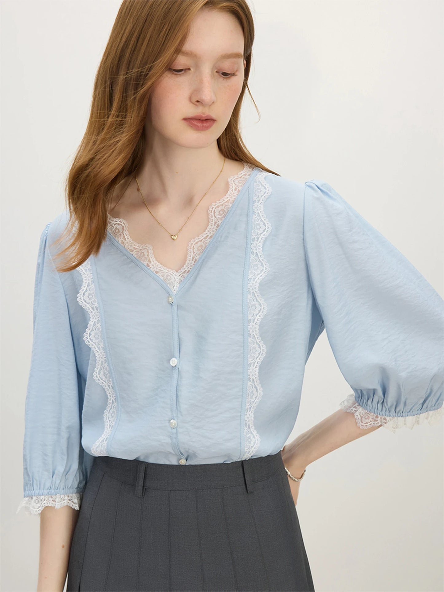 White Lace V Neck Linen Blouse