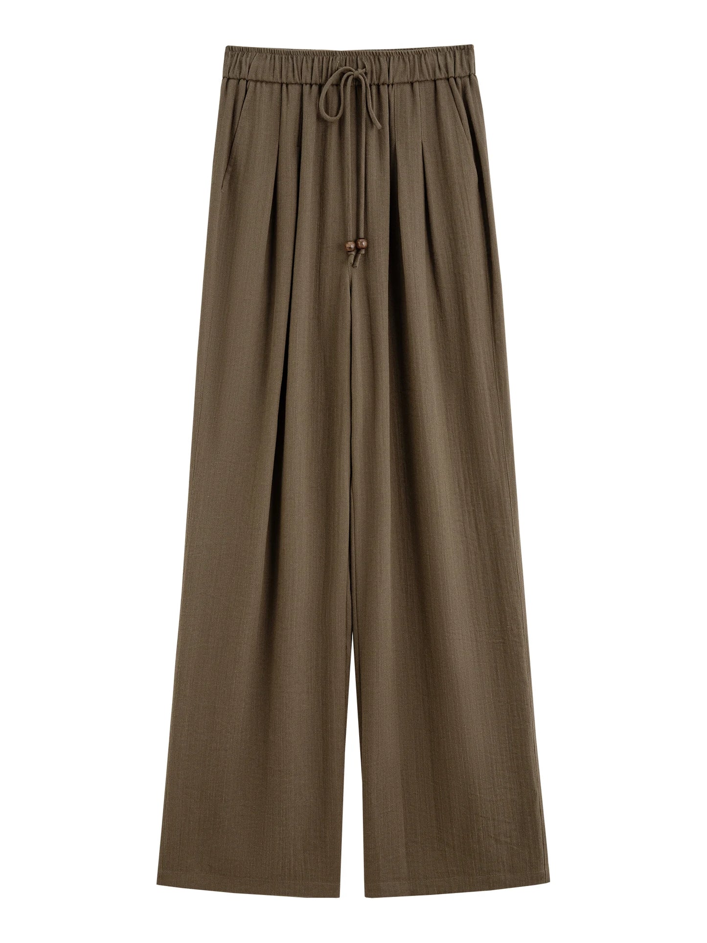 Brown Pleated Linen Wide Leg Pants