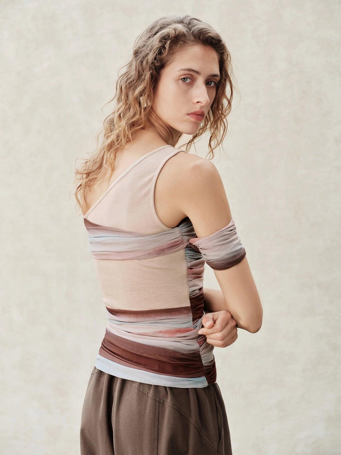 Taupe Asymmetric Striped Mesh Top