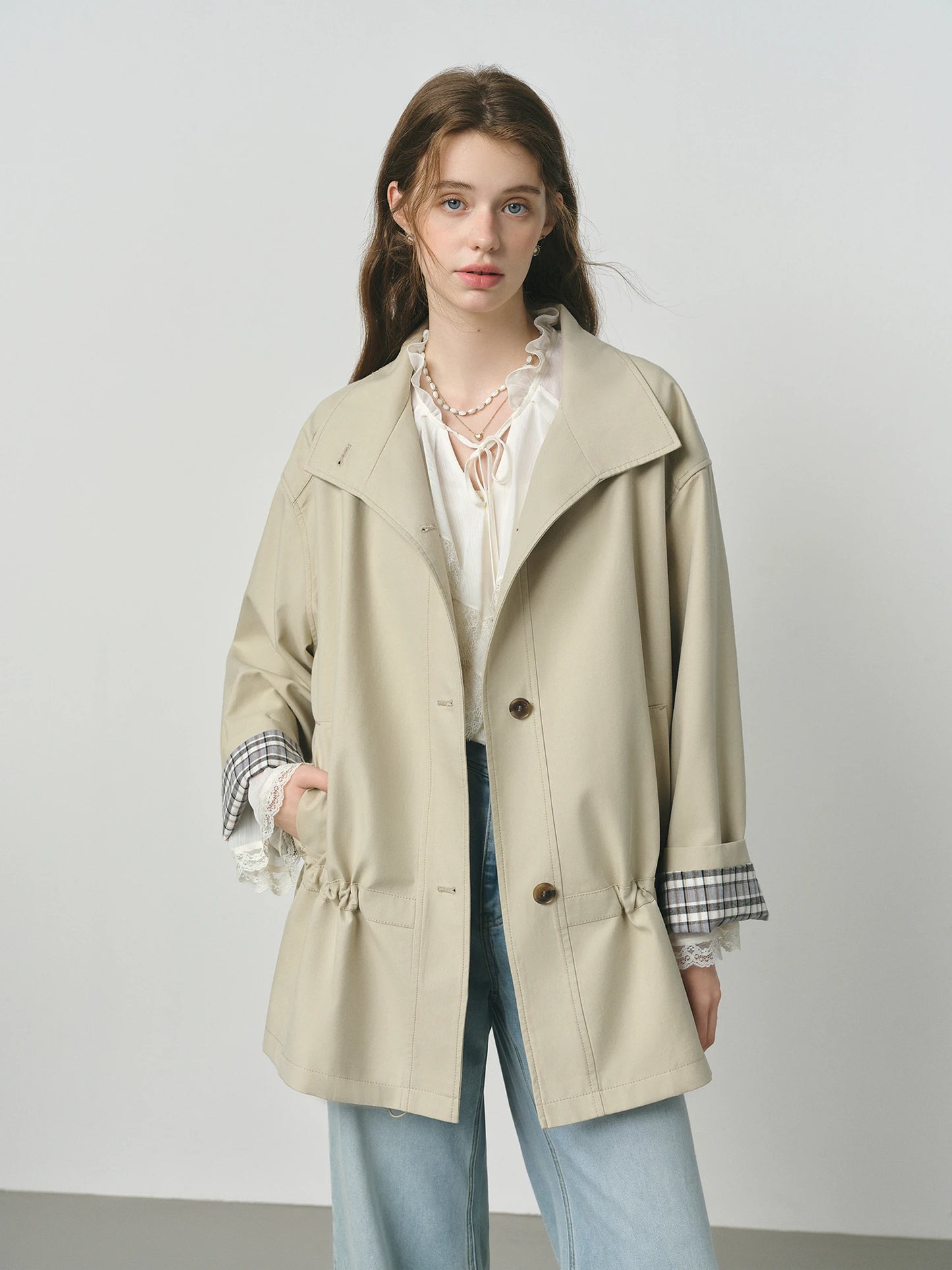 Taupe Drawstring Peplum Short Trench