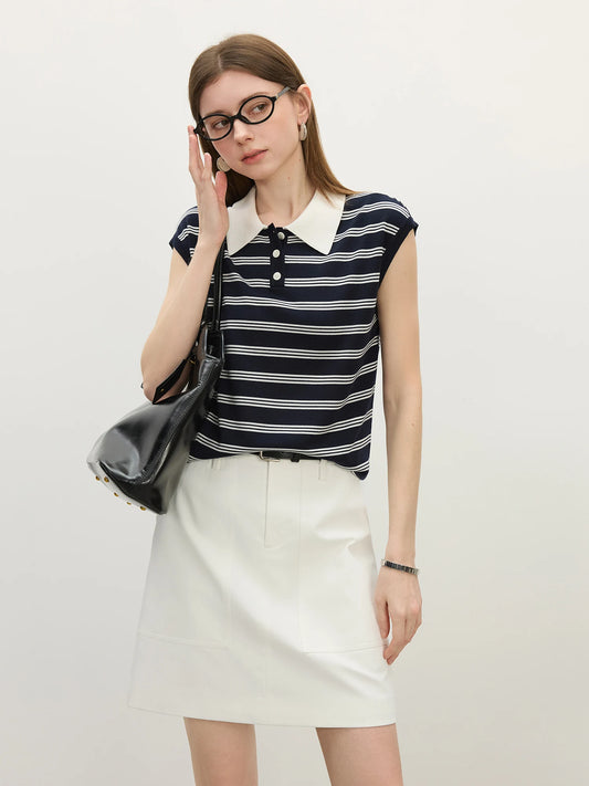 Navy Striped Sleeveless Polo Knit Top