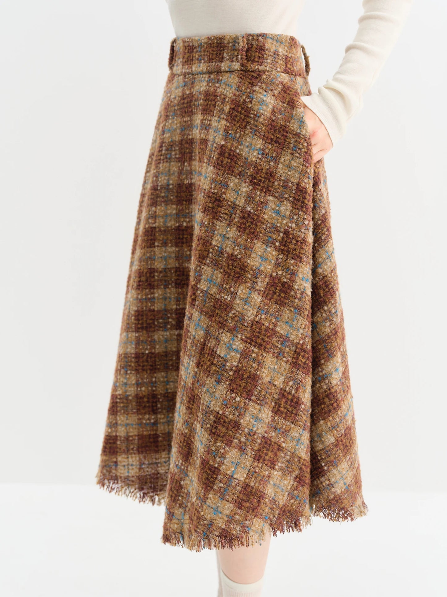 Brown Plaid Fringe Hem Midi Skirt