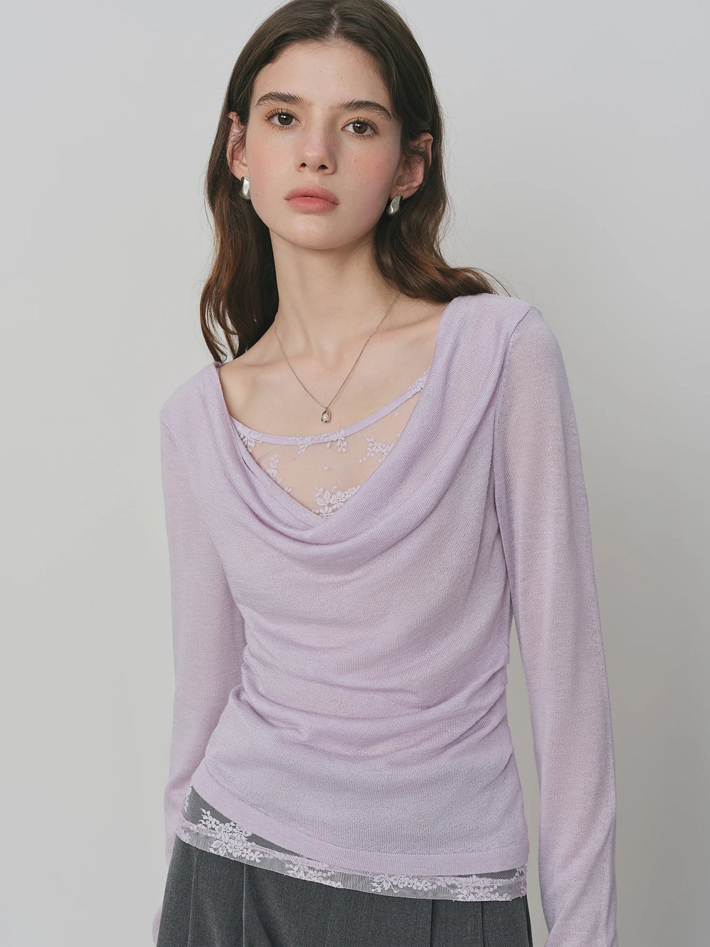 Lilac Draped Collar Knit Top
