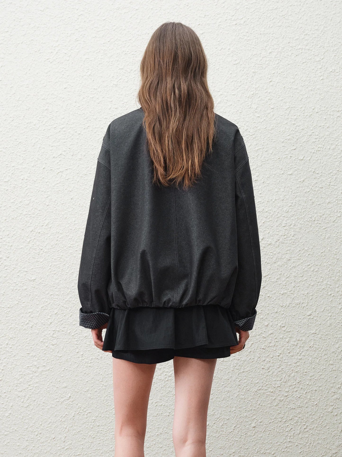 Charcoal Beaded Oversized Bomber Jacket