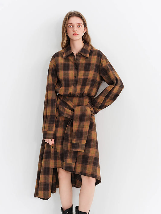 Brown Plaid Belted Shirt Maxi Dress