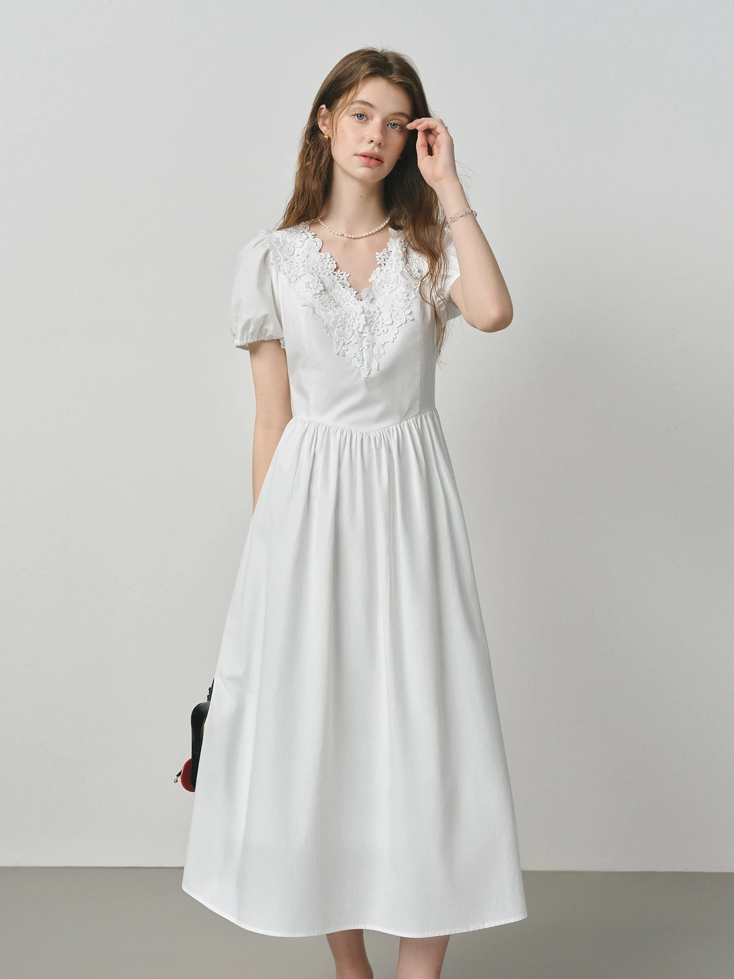 Pale Blue Lace V-Neck Midi Dress