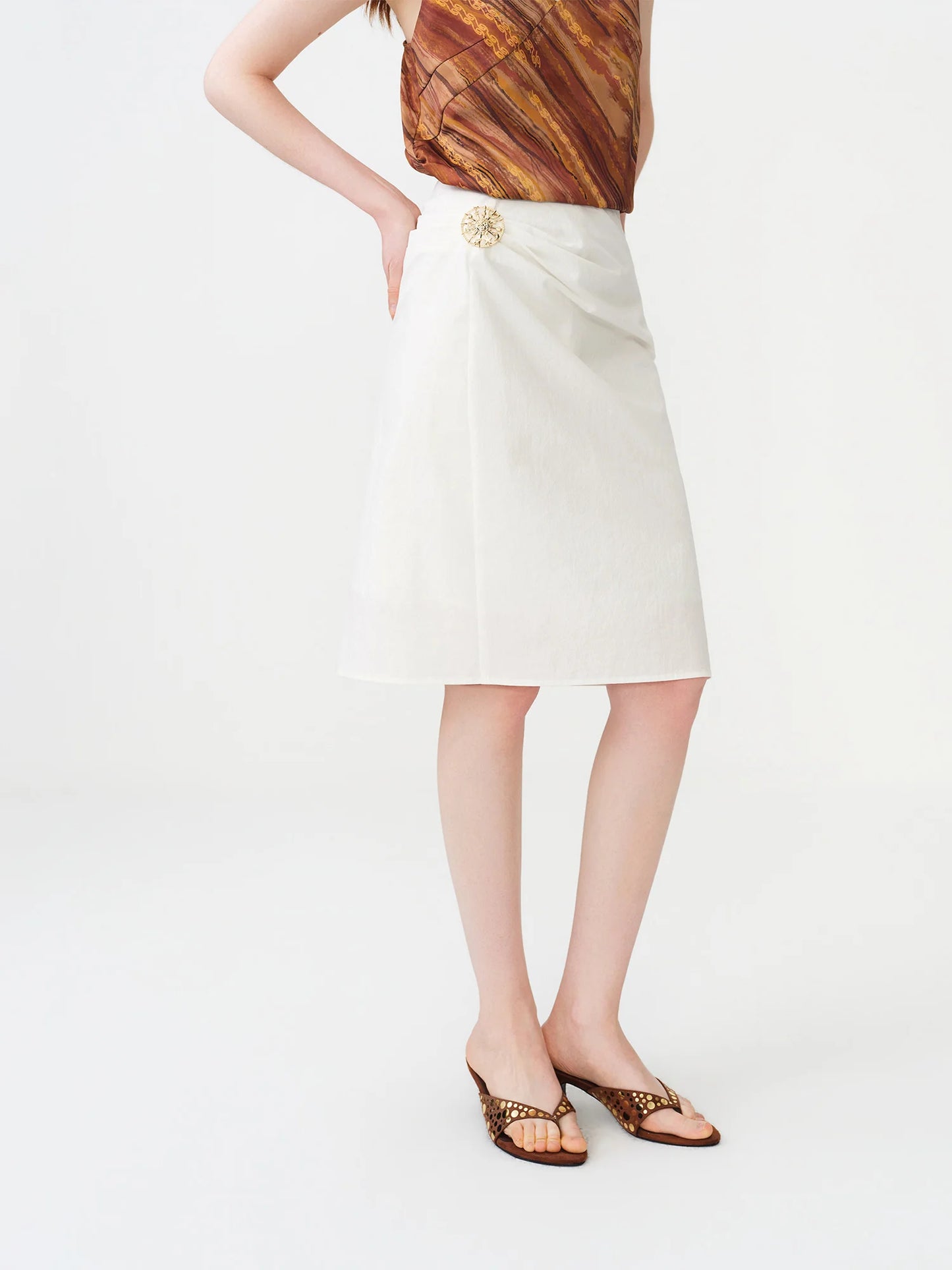 Ivory Brooch Straight Midi Skirt