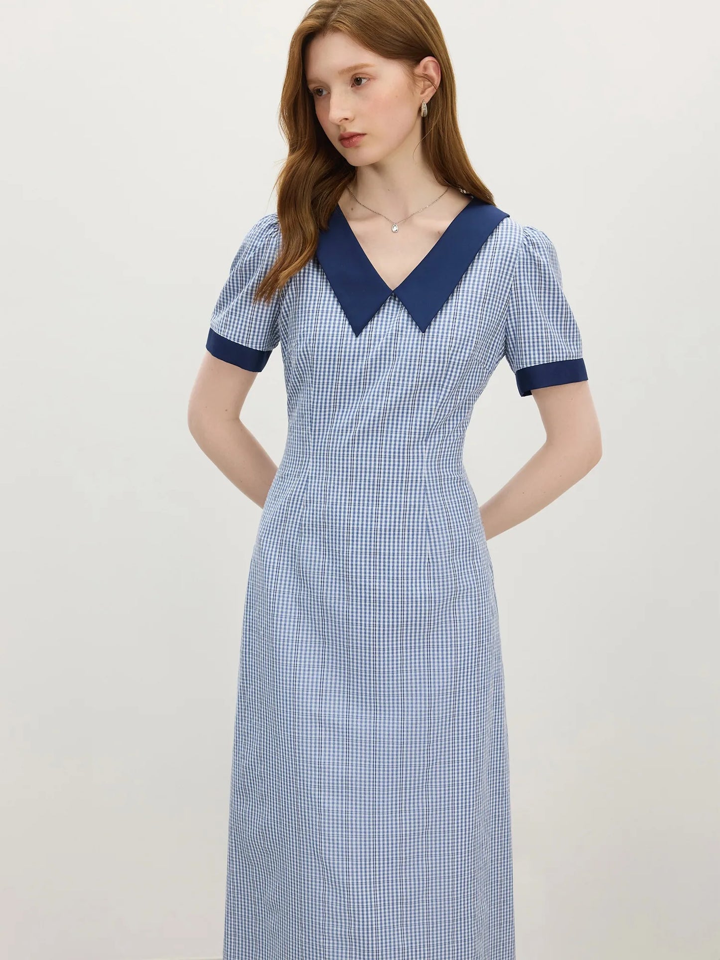 Blue Stripe Contrast Collar Midi Dress