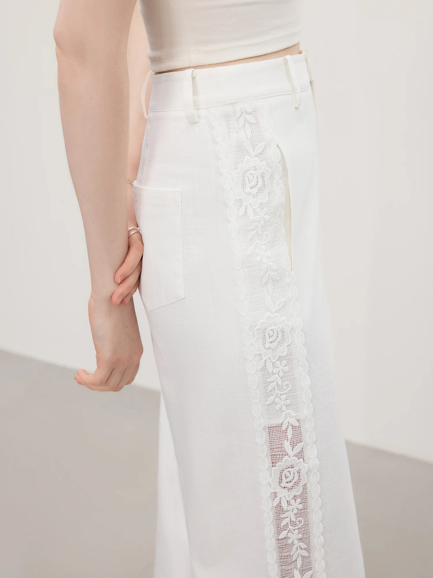 White Lace Trim Wide Leg Pants