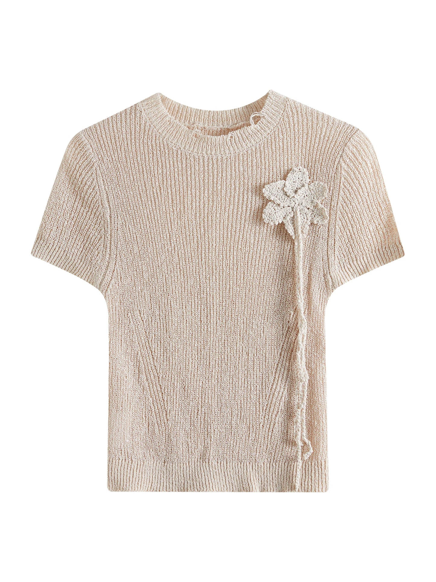 Beige Ruffle Neck Short Sleeve Knit
