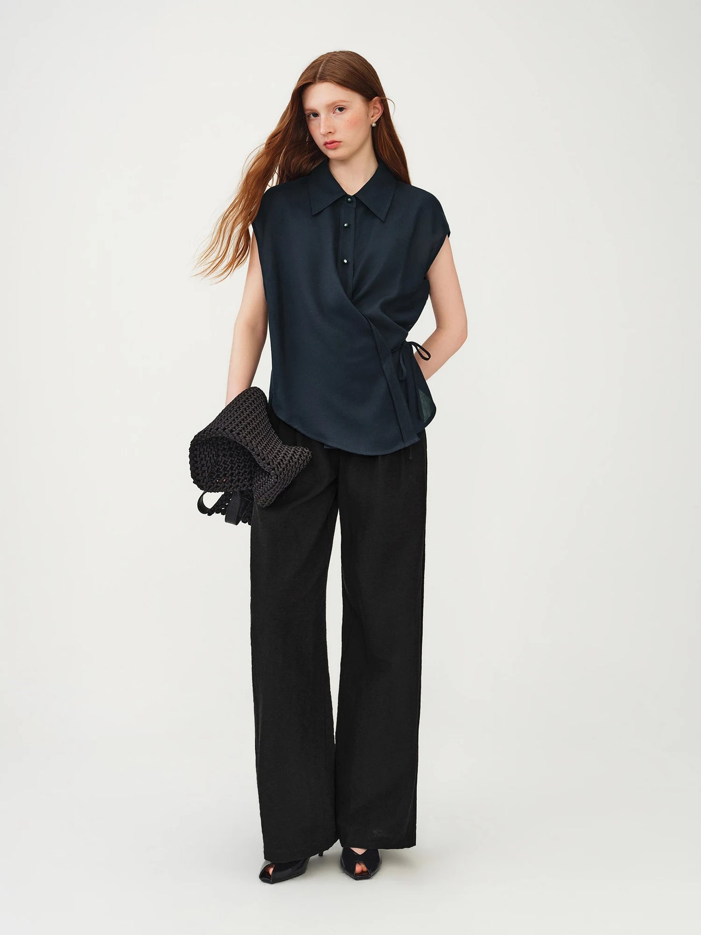 Ivory Linen Belted Sleeveless Shirt