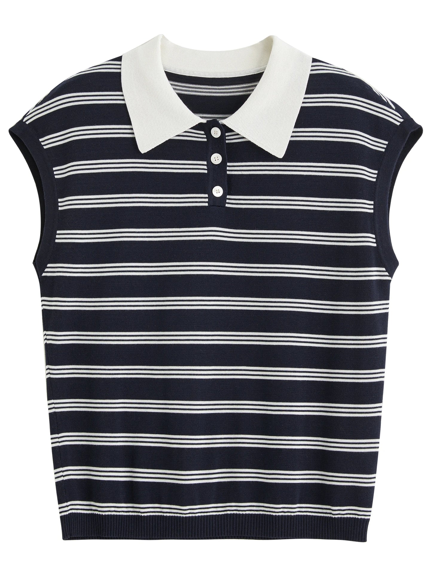 Navy Striped Sleeveless Polo Knit Top