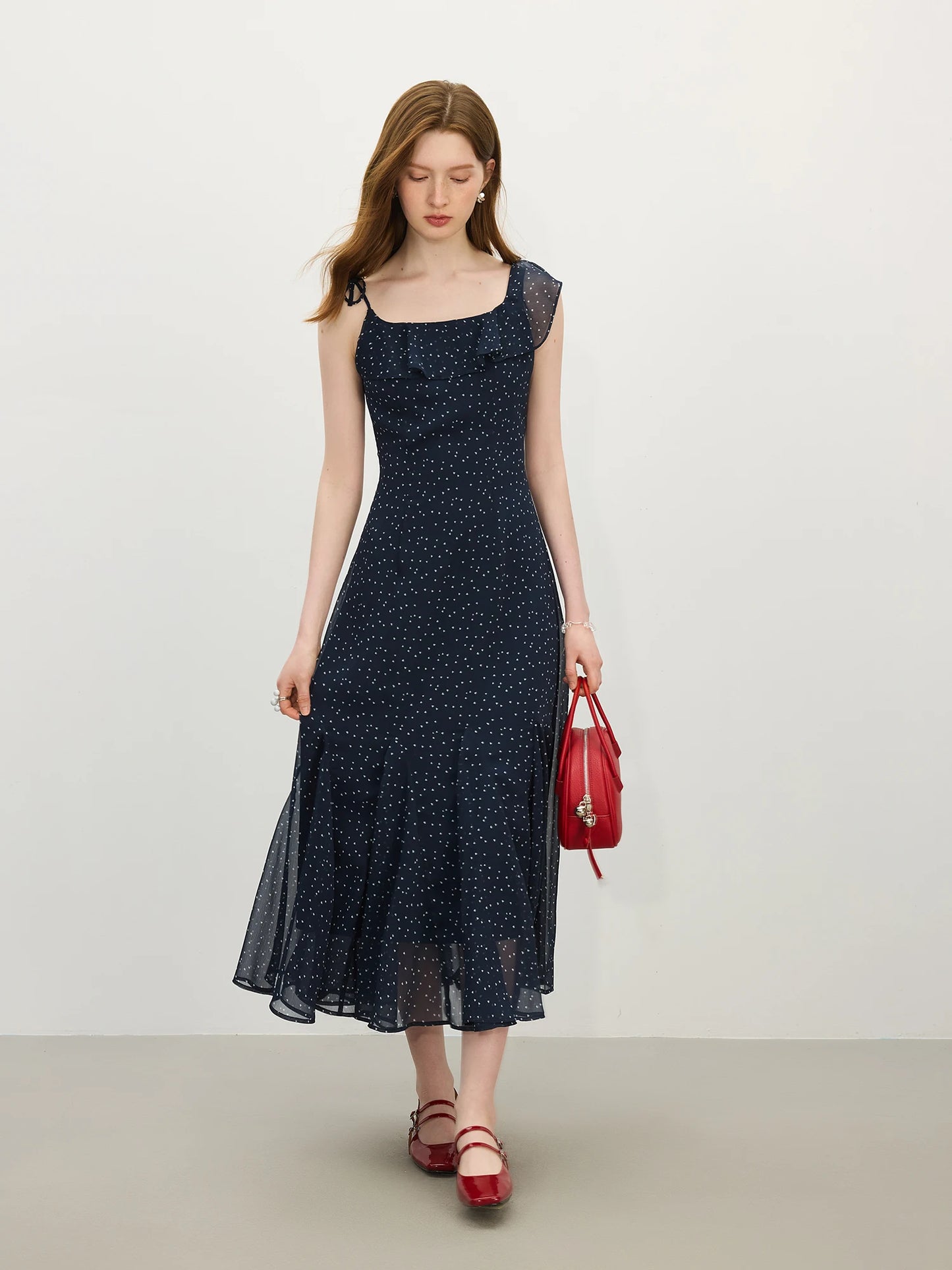 Navy Floral Ruffle Hem Midi Dress