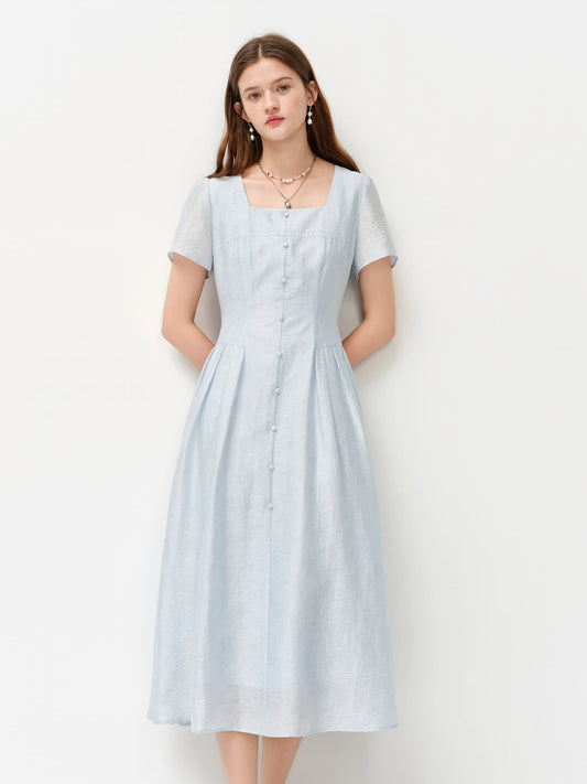Pale Blue Button Front Midi Dress