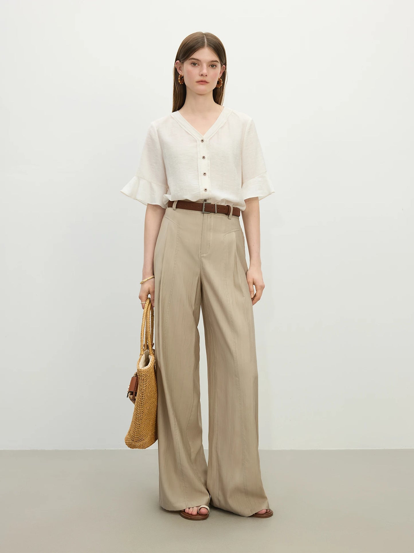 Beige Draped Wide Leg Pants