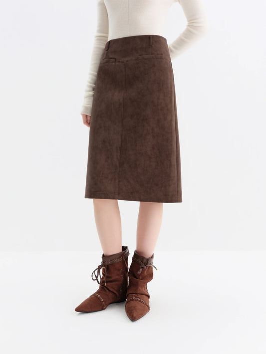Brown Suede Straight Midi Skirt