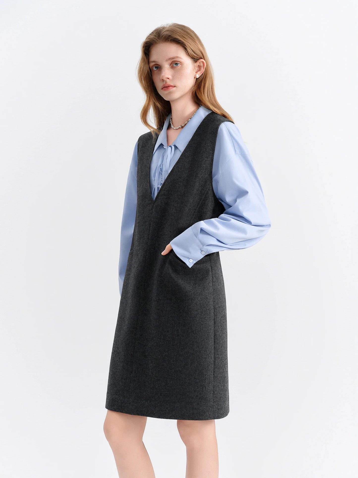 Charcoal V-Neck Wool Mini Dress
