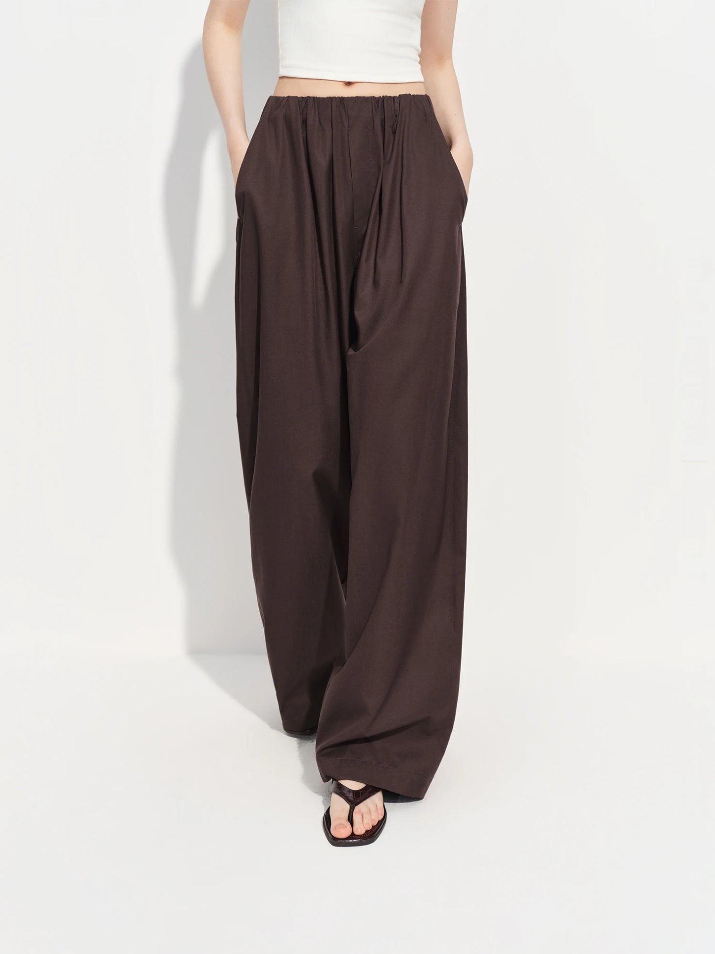 Brown Drawstring Wide Leg Pants