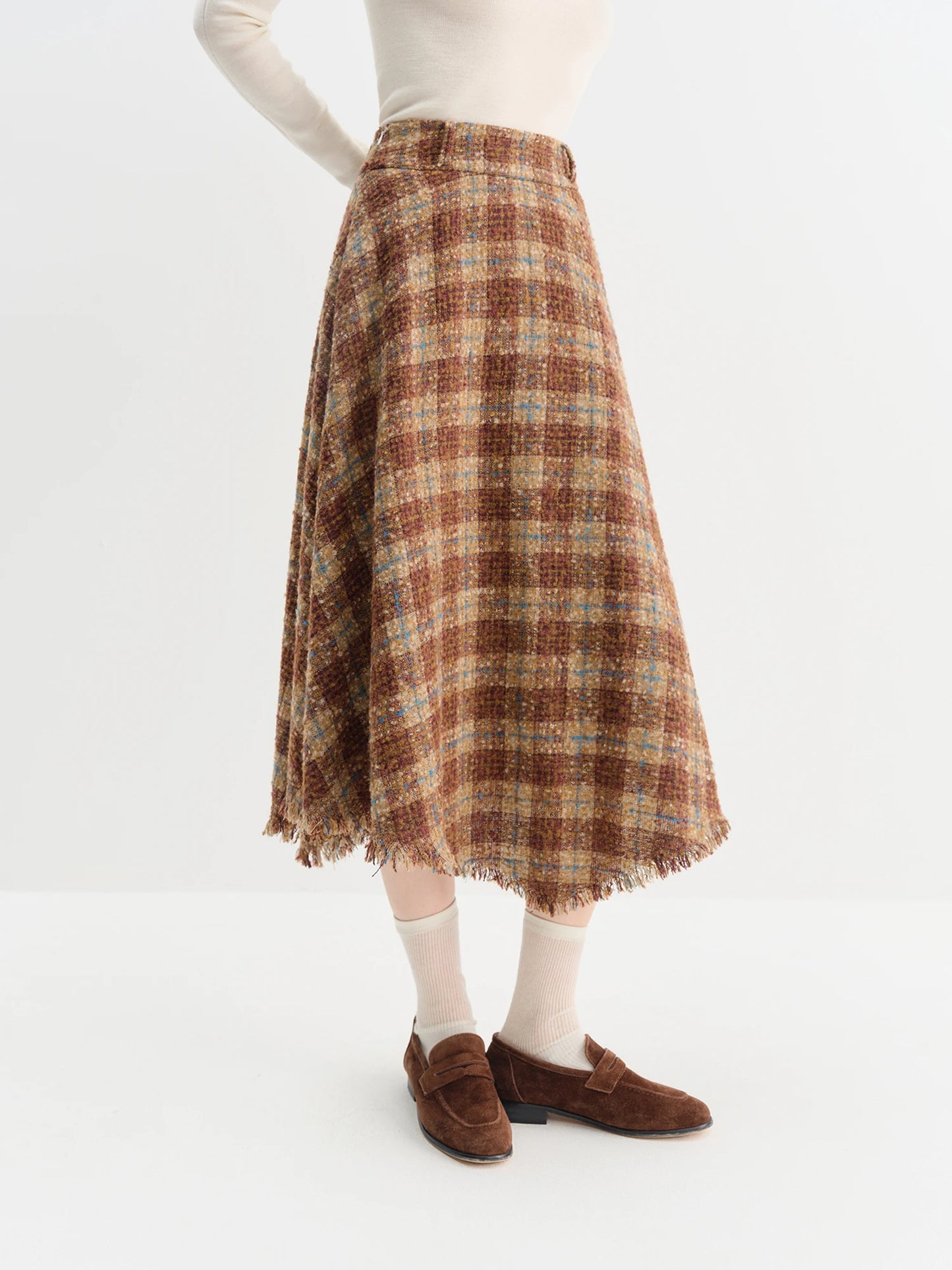 Brown Plaid Fringe Hem Midi Skirt
