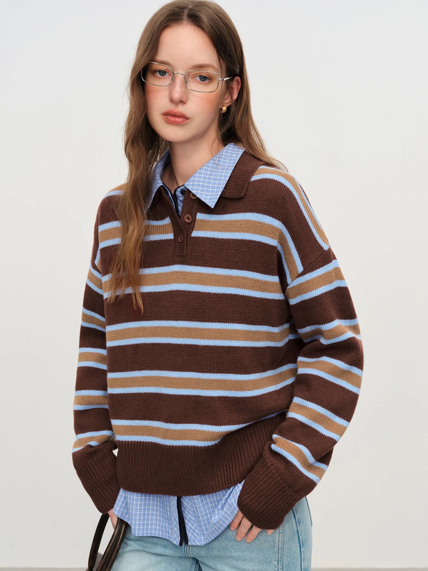 Brown Striped Layered Polo Sweater