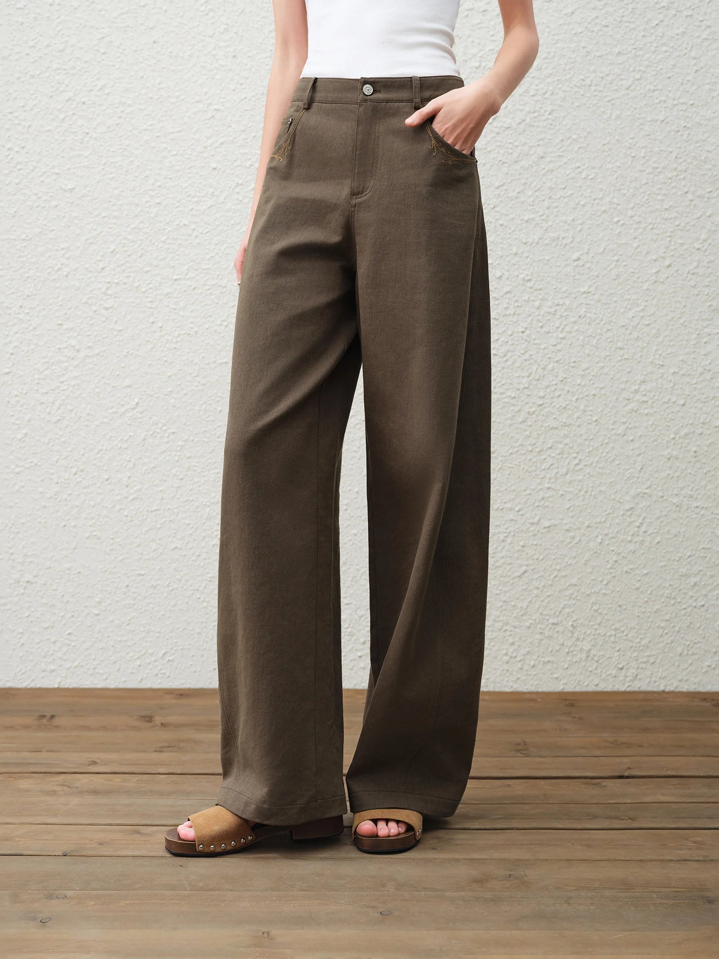 Brown Embroidered Wide Leg Jeans