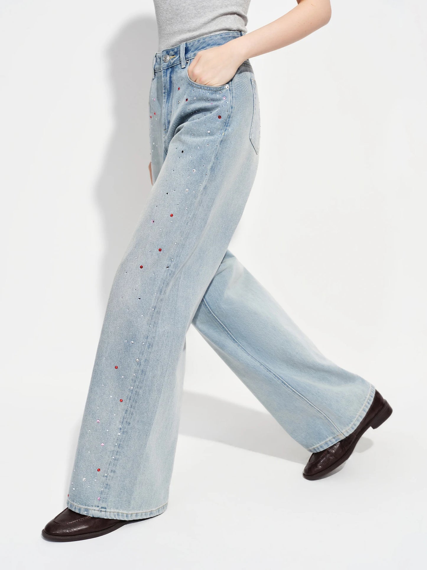 Light Wash Beaded Wide Leg Jeans