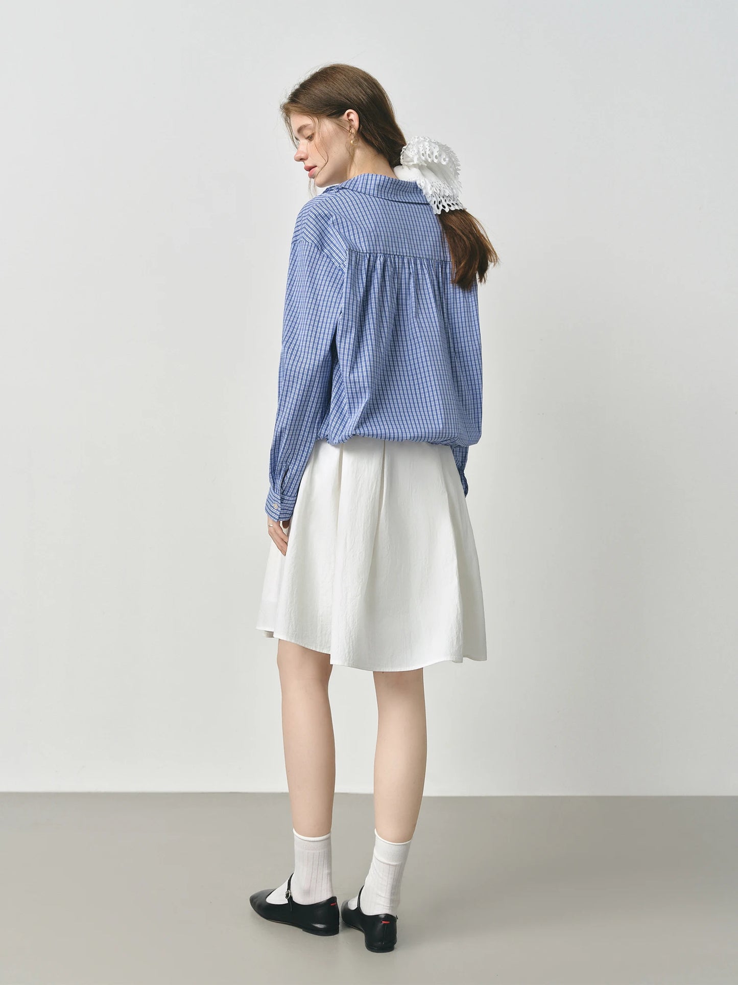 Blue Ruffle Collar Relaxed Pullover Blouse