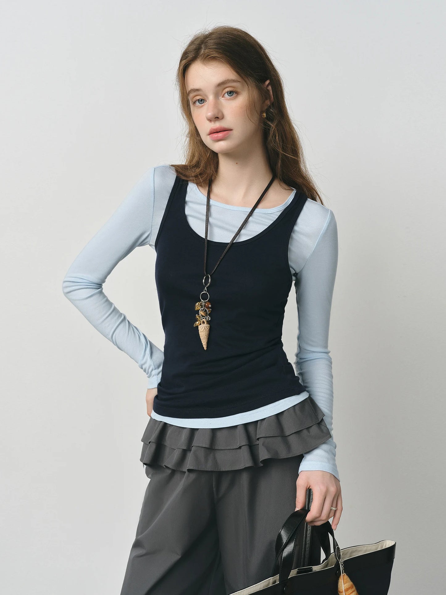 Black Layered Scoop Neck Long Sleeve Top